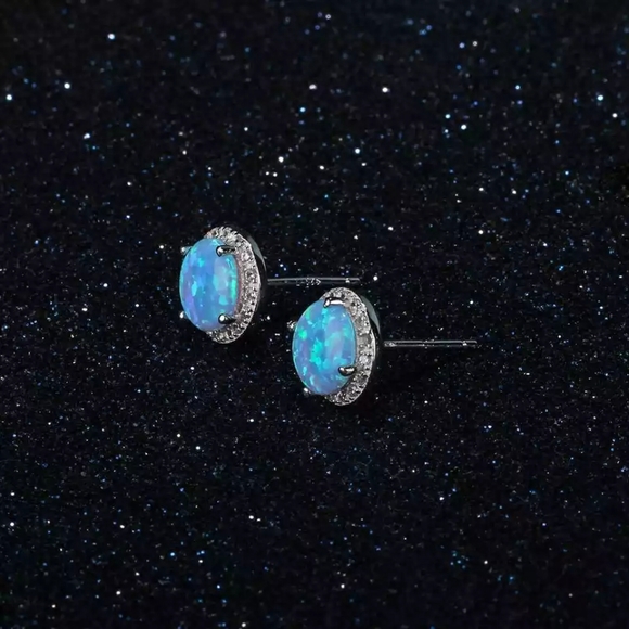 925 Sterling Silver Blue Opal Diamond Halo Stud Earrings - Picture 5 of 7